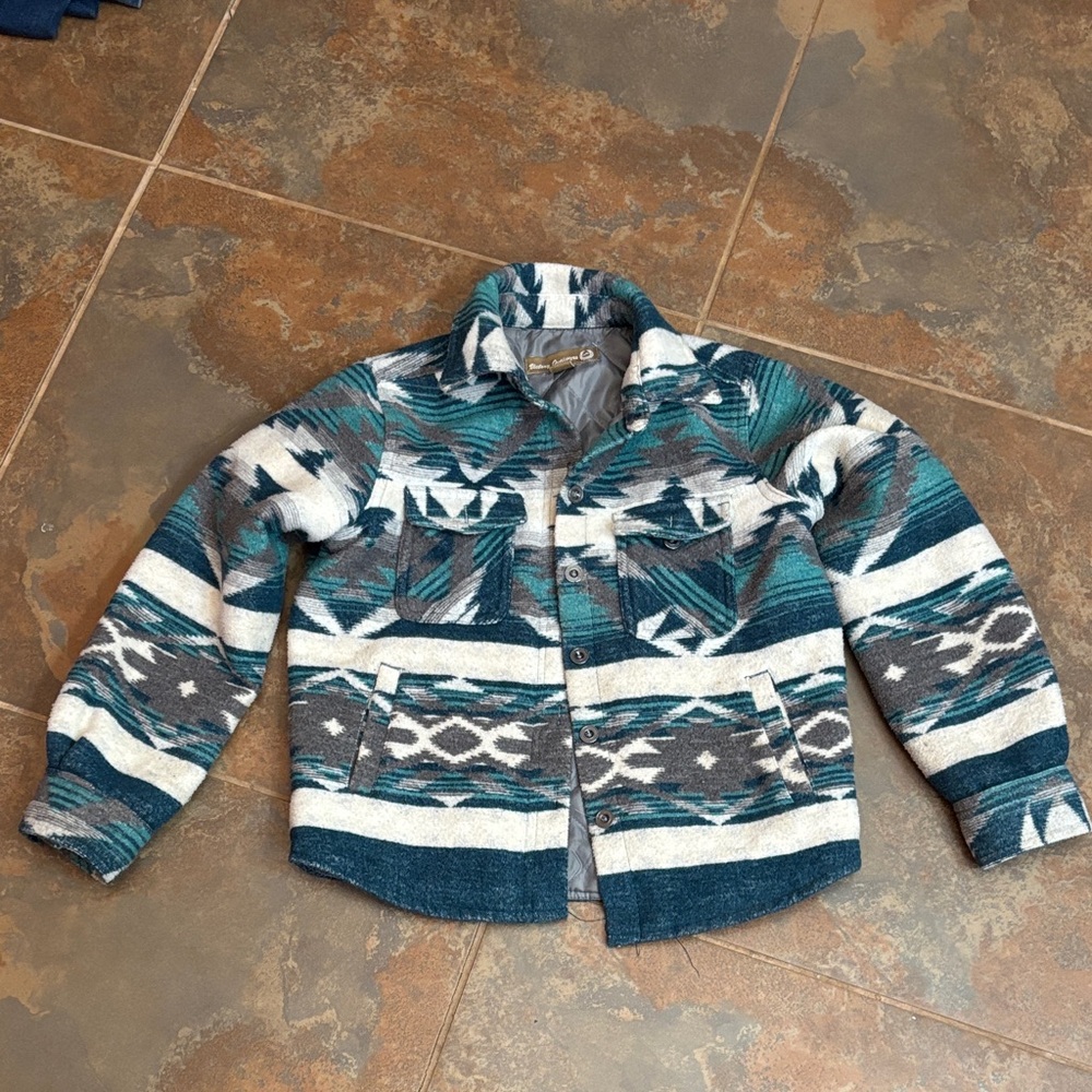 Kids Aztec Pattern Button-Up Jacket - Teal & Gray